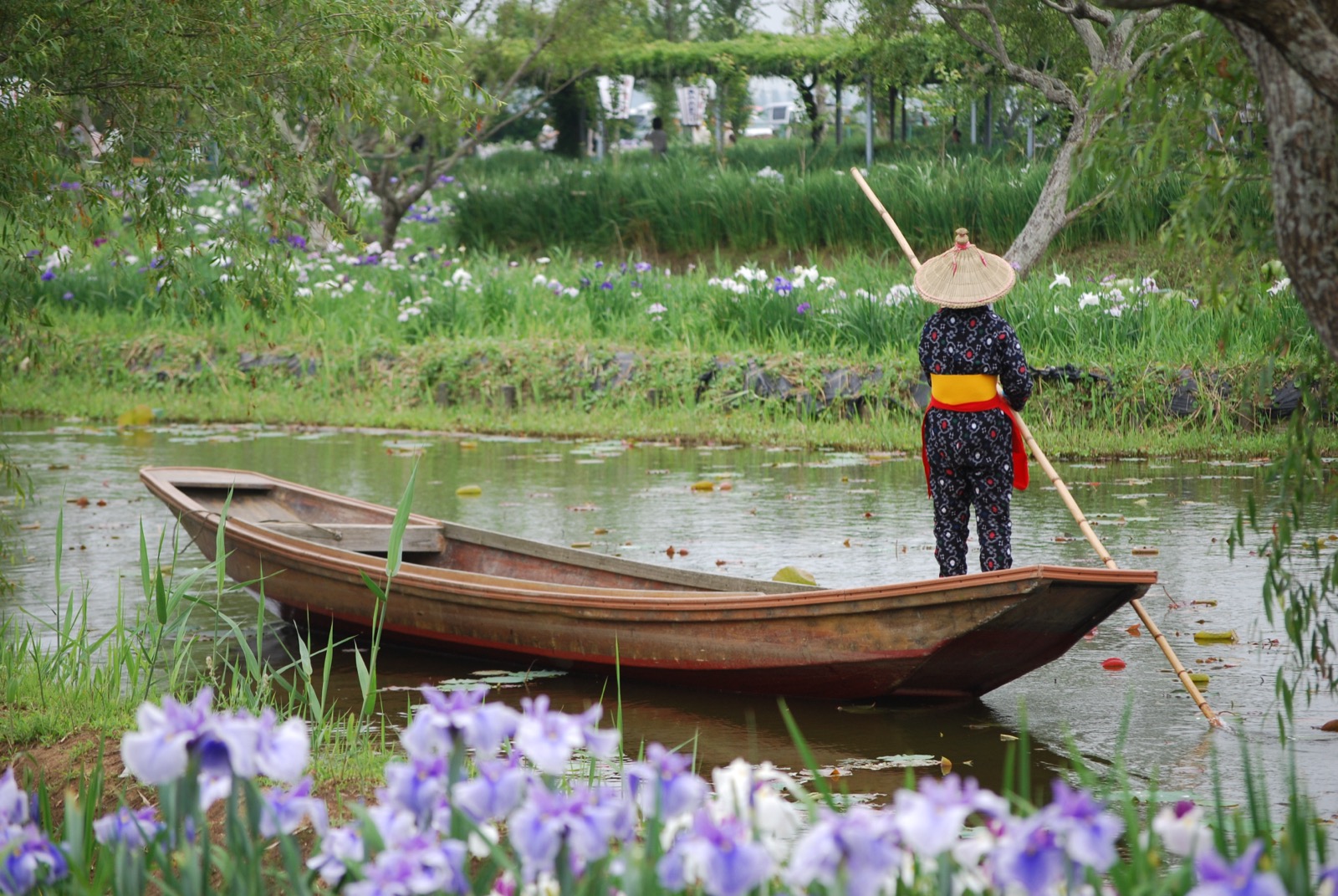 A traditional flat-bottomed sappa-bune boat carrying passengers along the willow-lined Ono River canal in the Edo-era merchant district of Sawara, Katori, Chiba