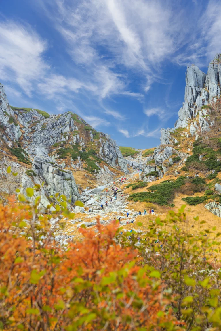 Autumn colour across the Senjojiki Cirque below the rock spire of Hokendake in the Central Alps Nagano