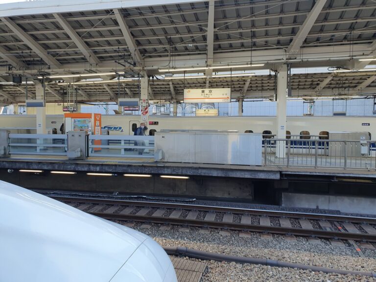 Shinkansen bullet trains lined up at a busy platform at Tokyo Station