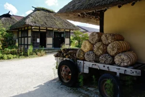 Thatched-roof magariya farmhouses and a wooden cart loaded with straw bundles at Denshoen, the reconstructed Tono farm village in Iwate