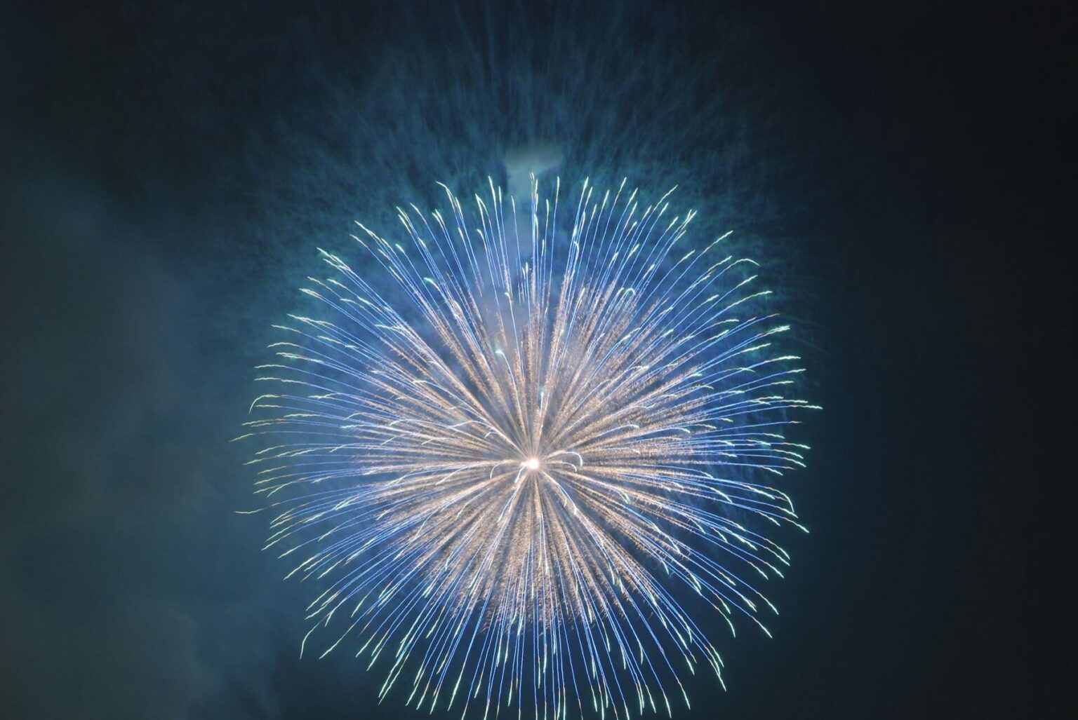 Blue chrysanthemum firework bursting through smoke above the Yodogawa riverbank in Osaka