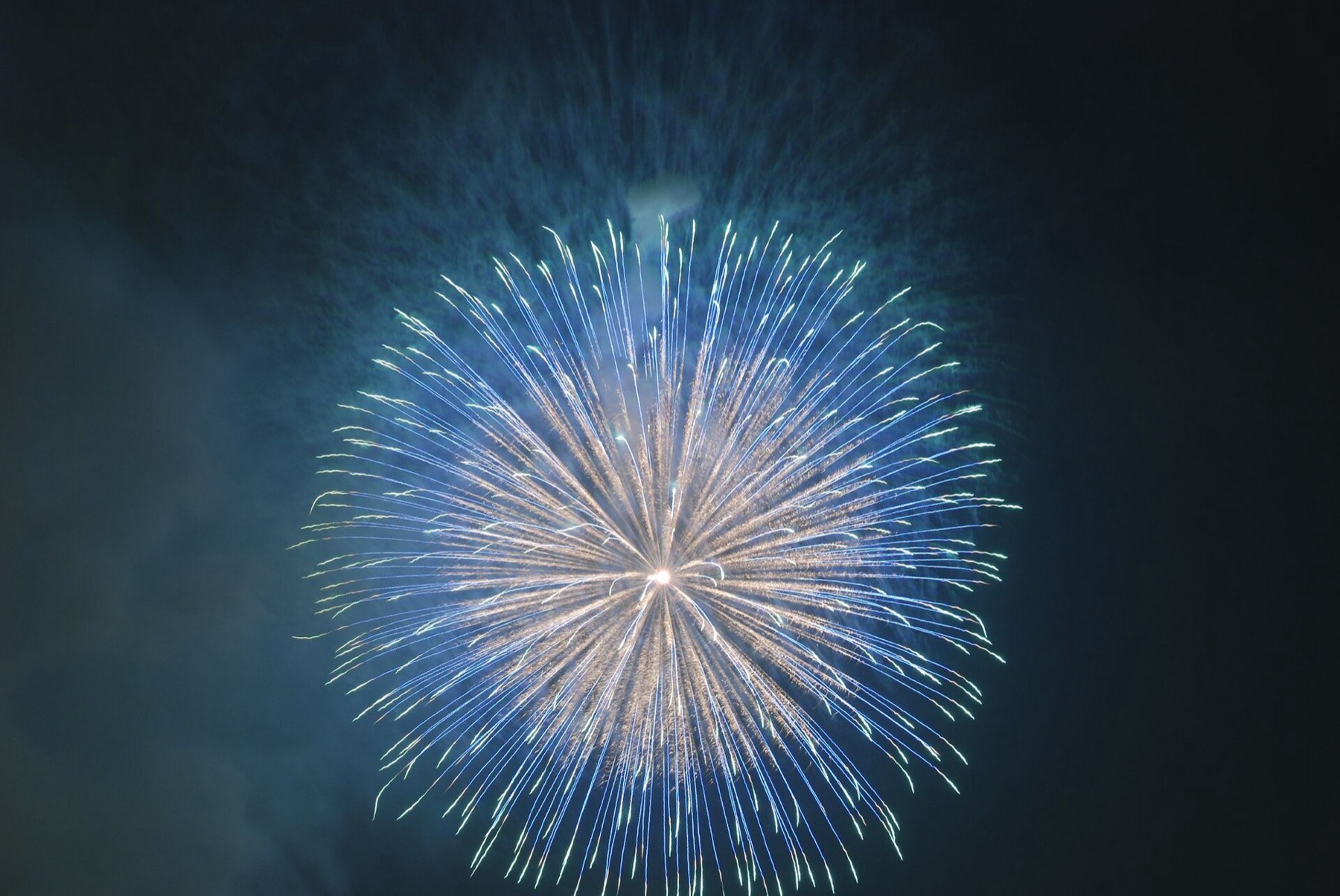 Blue chrysanthemum firework bursting through smoke above the Yodogawa riverbank in Osaka