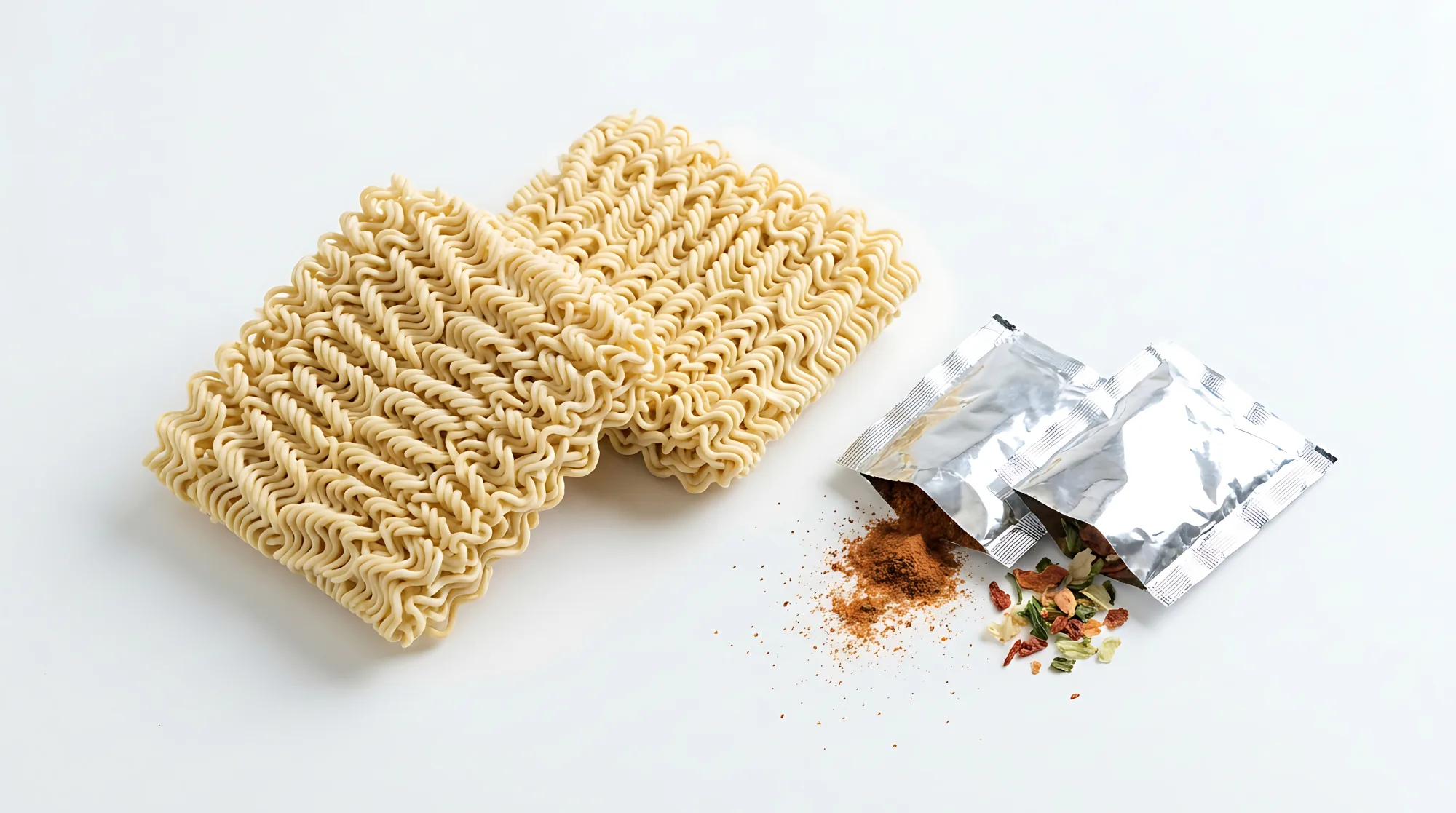 A block of dried wavy instant ramen noodles beside two opened foil sachets on a white surface, one spilling reddish soup powder and the other dried vegetable flakes