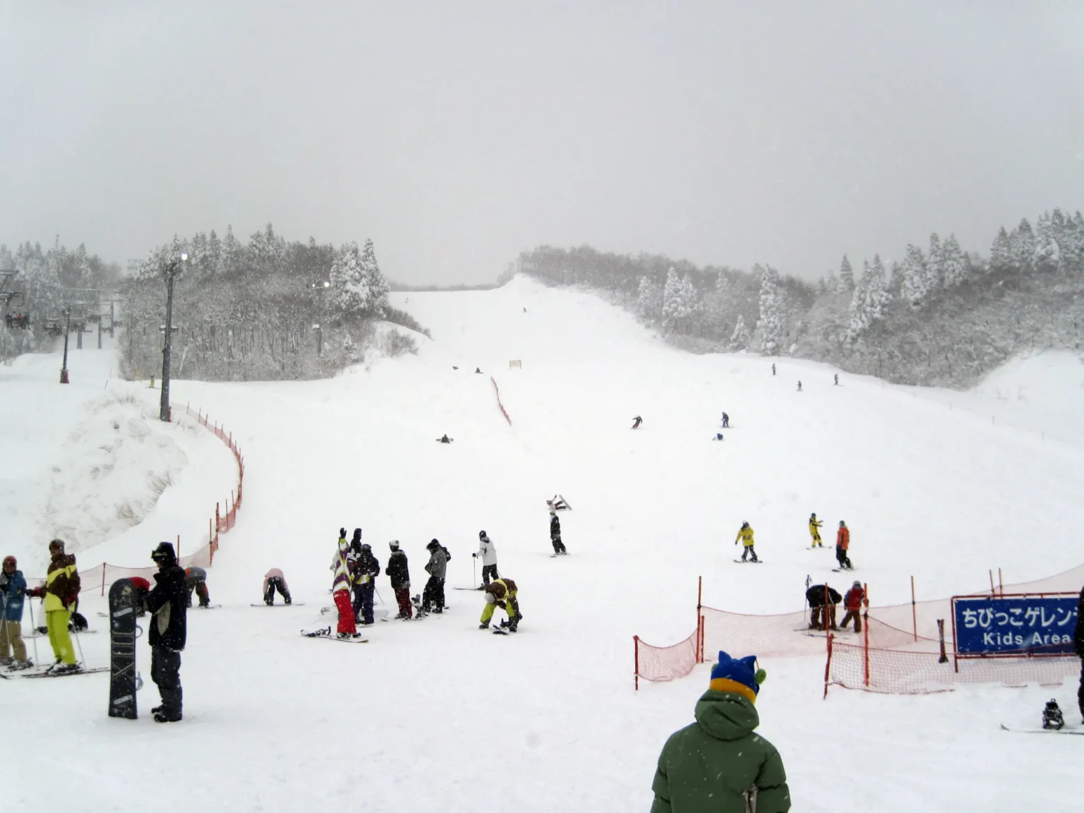 A gentle beginner slope at GALA Yuzawa in falling snow, with groups of skiers and snowboarders gathered near an orange-netted kids' area sign and a chairlift line disappearing into the mist.
