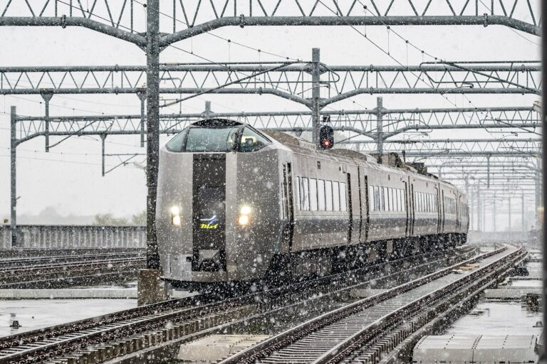 A silver JR Hokkaido 789 series Kamui limited express train approaching through heavy falling snow under overhead line gantries, headlights glowing against the grey winter sky.