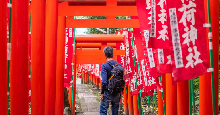 A hiker with a backpack walks up through a tunnel of vermilion torii gates hung with red banners reading Sasuke Inari Jinja, in the wooded Sasuke valley of Kamakura