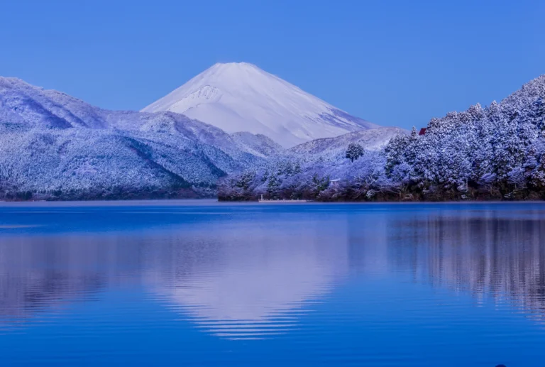 Snow-dusted Mount Fuji rising beyond frost-covered trees at Lake Ashi in Hakone, its white cone mirrored in the still blue water of the lake on a clear winter morning