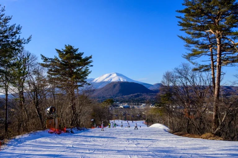 A groomed ski piste in Nagano dropping away toward the snow-capped cone of Mount Asama under a deep blue winter sky, with pine trees framing both sides of the run and skiers small in the distance