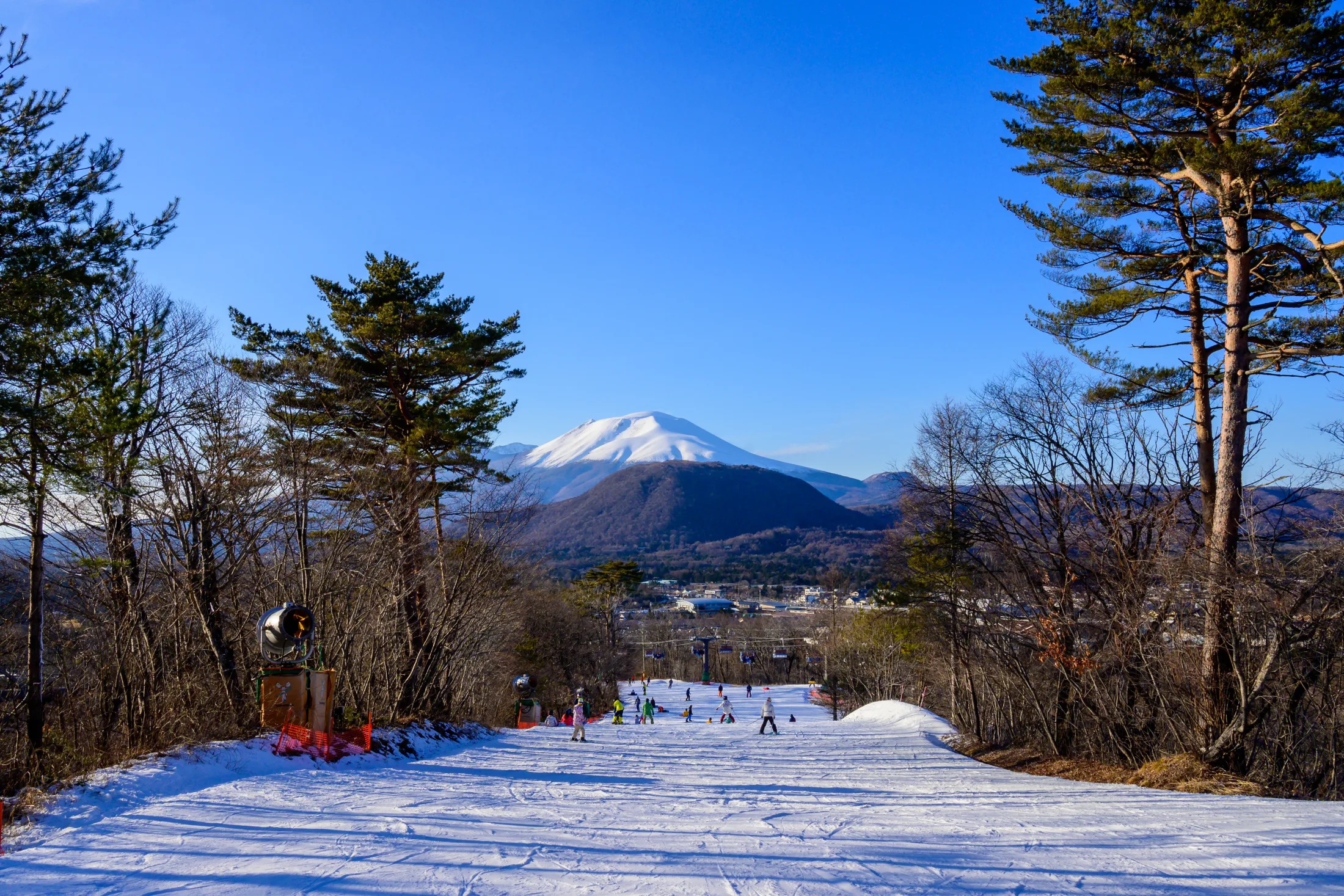 A groomed ski piste in Nagano dropping away toward the snow-capped cone of Mount Asama under a deep blue winter sky, with pine trees framing both sides of the run and skiers small in the distance