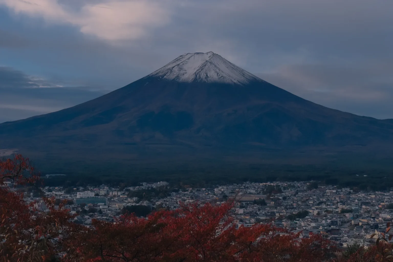 Snow on the summit of Mount Fuji in early-morning light under grey cloud, with a town spread across the plain at its foot and red autumn leaves in the foreground