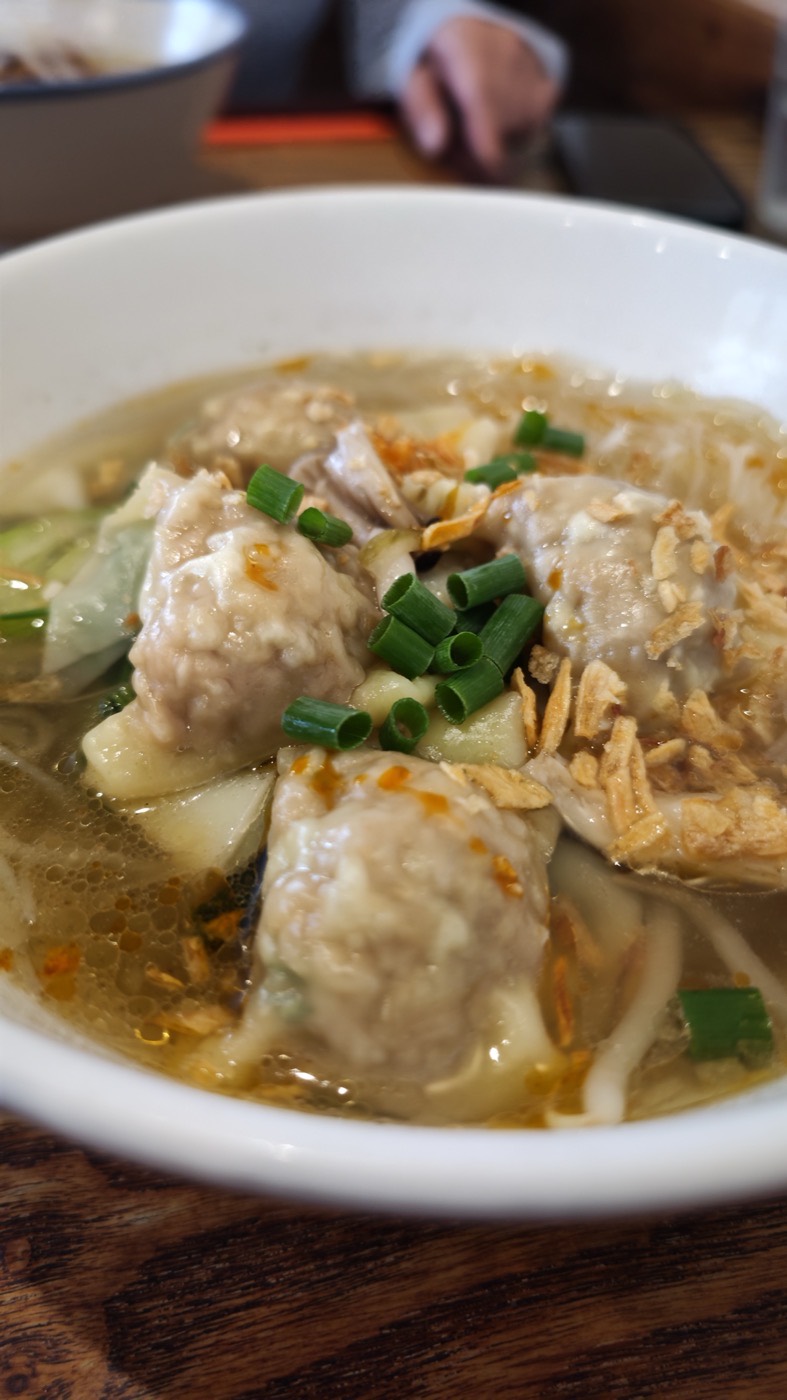 Close-up of large wontons, bean sprouts and fried shallots in clear broth