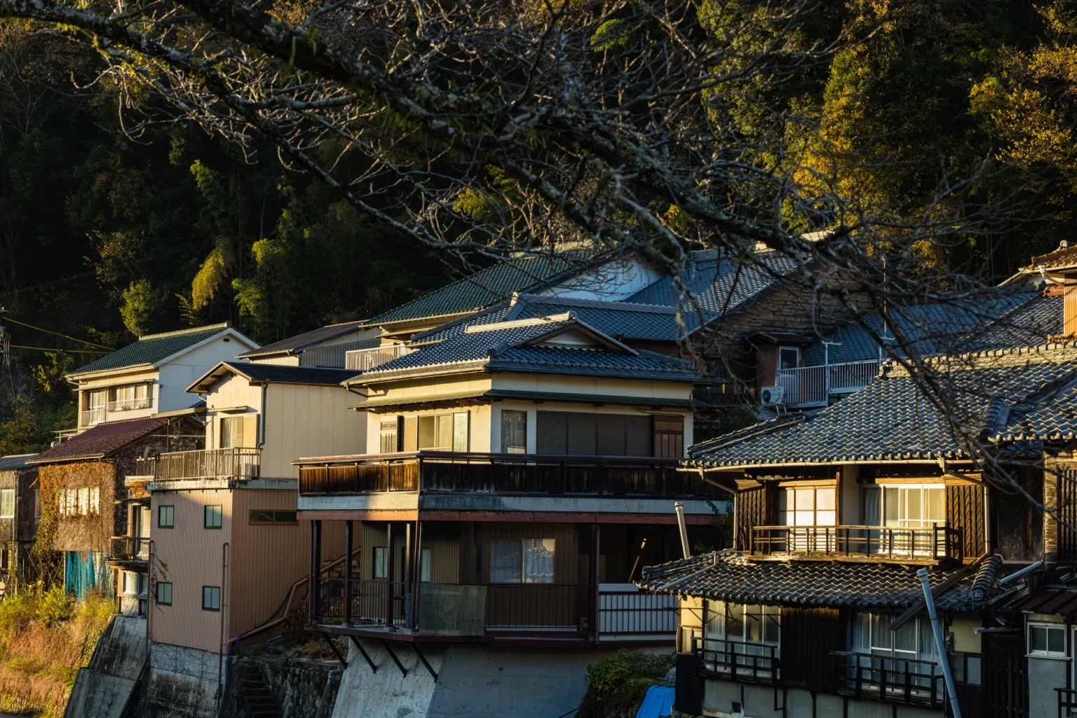 Two- and three-storey houses with grey tiled roofs and balconies built up a slope, some raised on pillars, lit by low sun, with bare branches across the top of the frame and a wooded hill behind