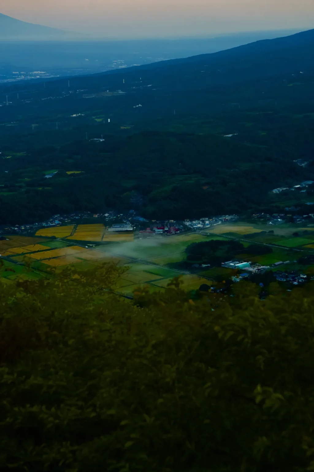 Looking down a forested slope to a valley of rice fields and a small town with morning mist