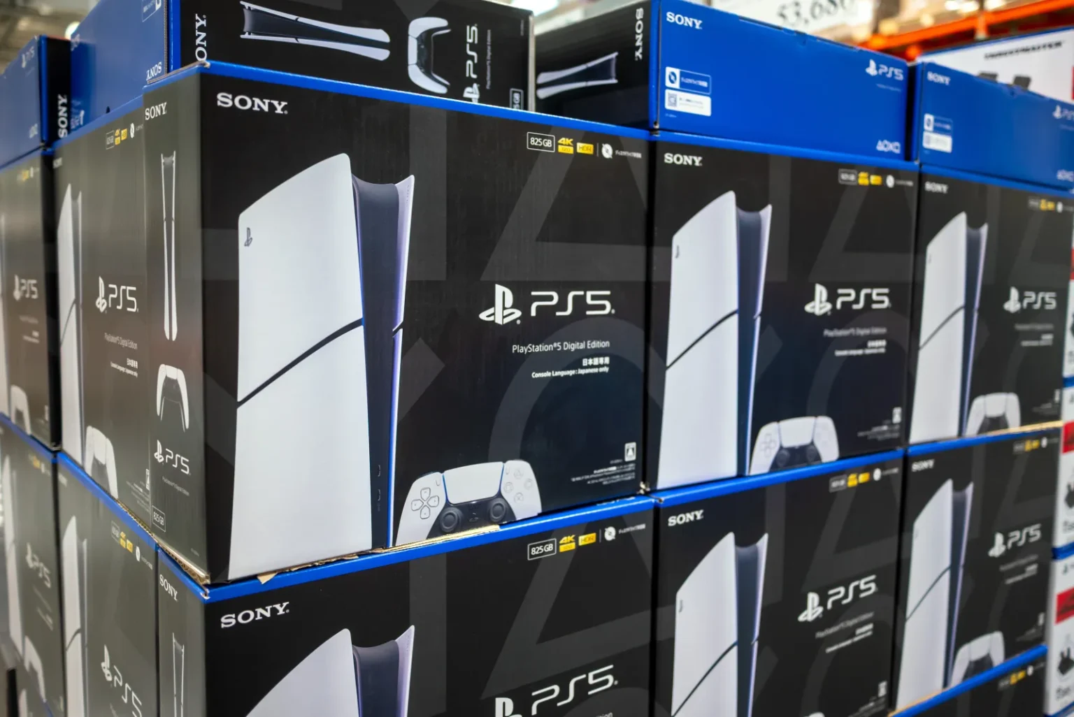 Stacked boxes of PlayStation 5 Digital Edition consoles; the front box reads Console Language: Japanese only