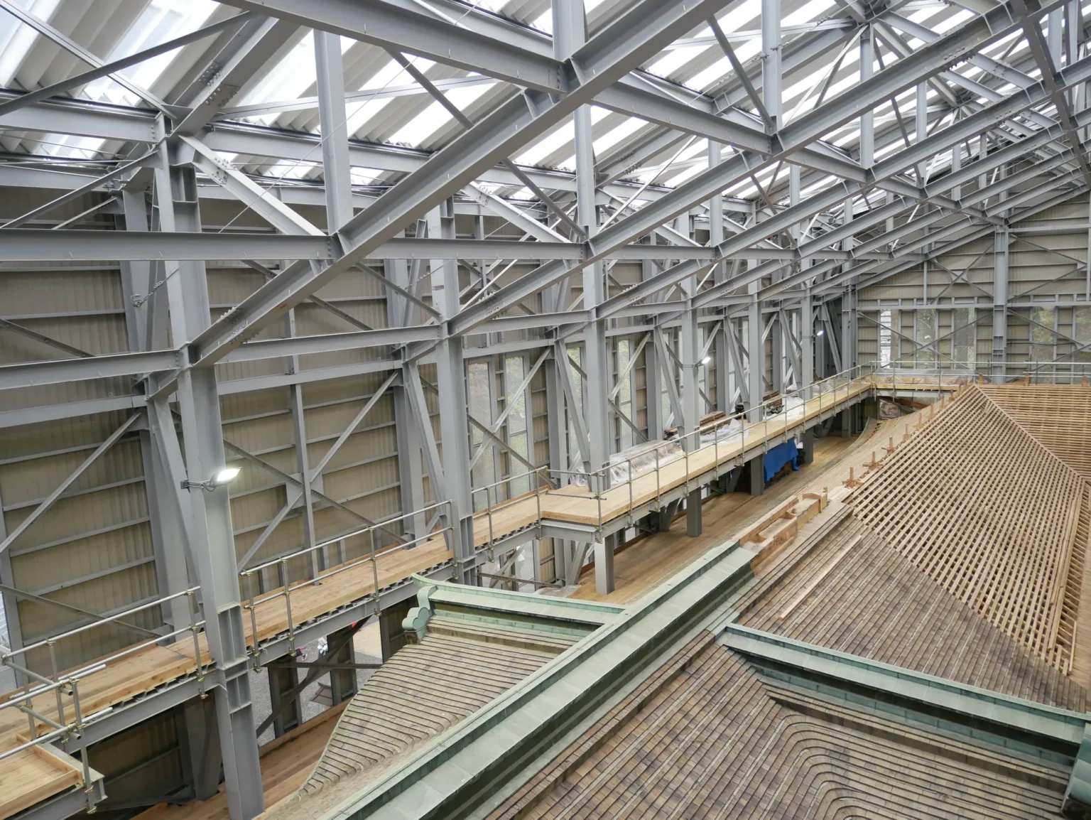 Konpon Chudo's roof under the steel restoration shelter, seen from the viewing deck, Enryaku-ji, Mount Hiei
