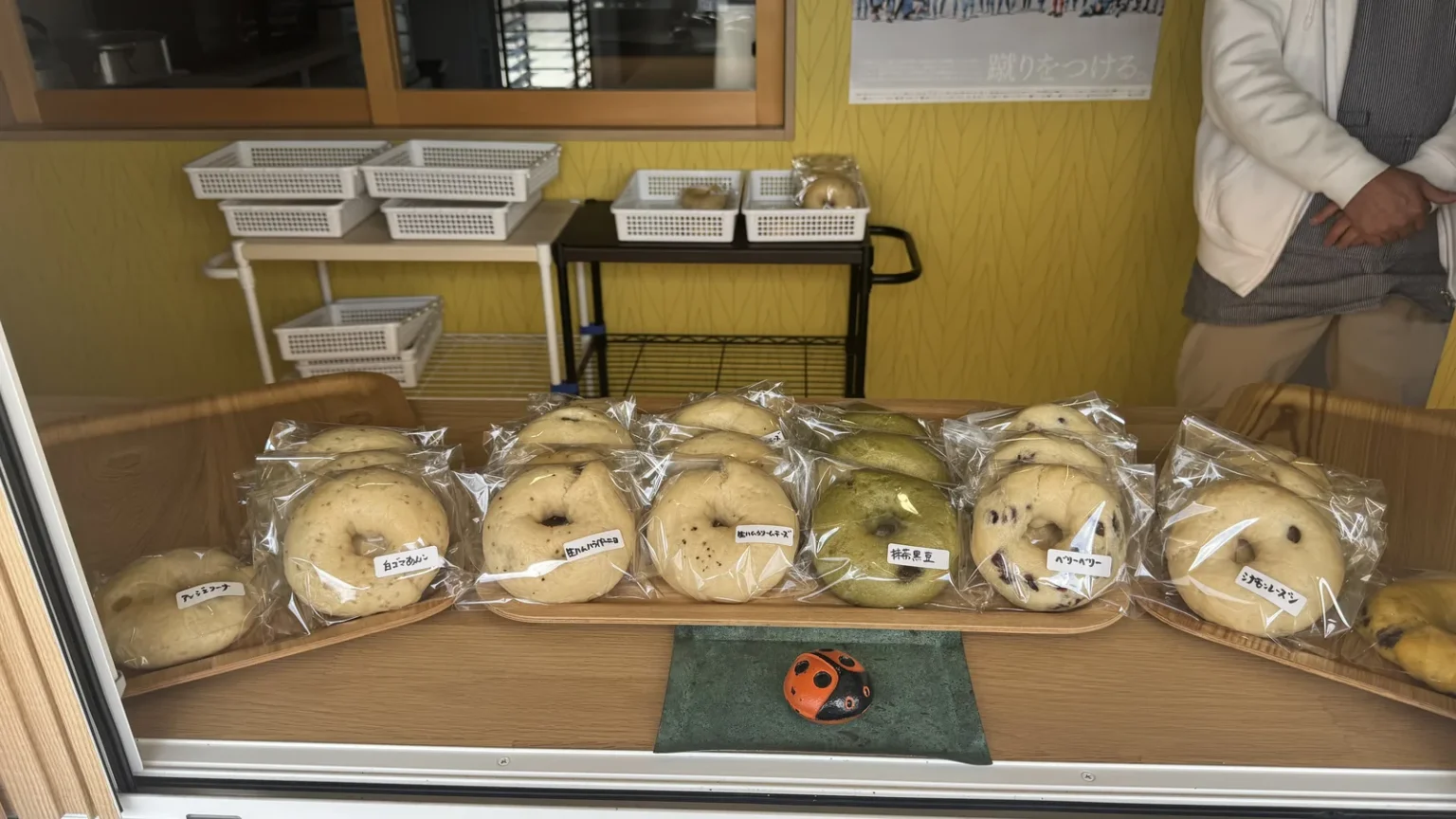 Bagged bagels lined up on a tray behind the window, with wire baskets on shelves behind