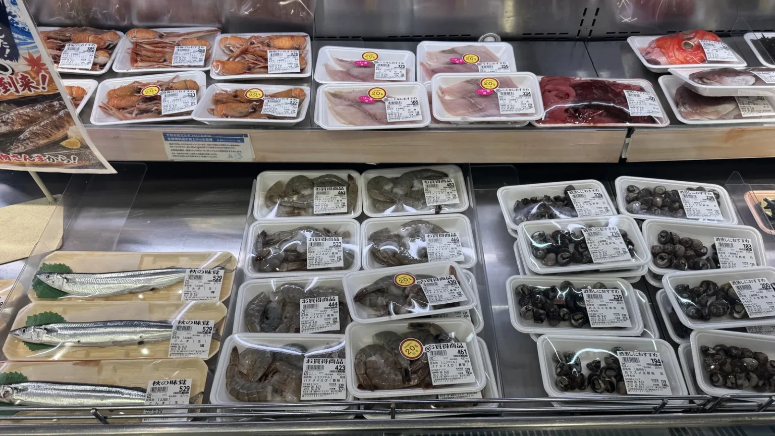Trays of fish and shellfish, including whole Pacific saury, in a chilled display