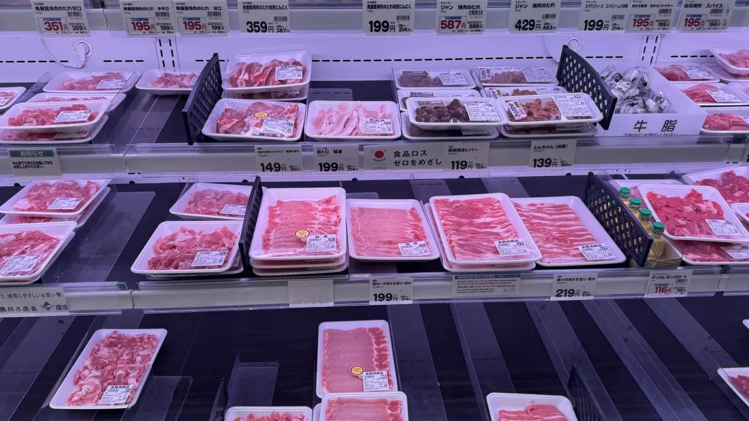Refrigerated shelves of packed sliced pork with price labels