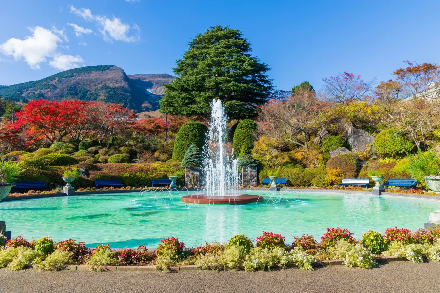 The fountain and autumn trees of Gora Park in Hakone