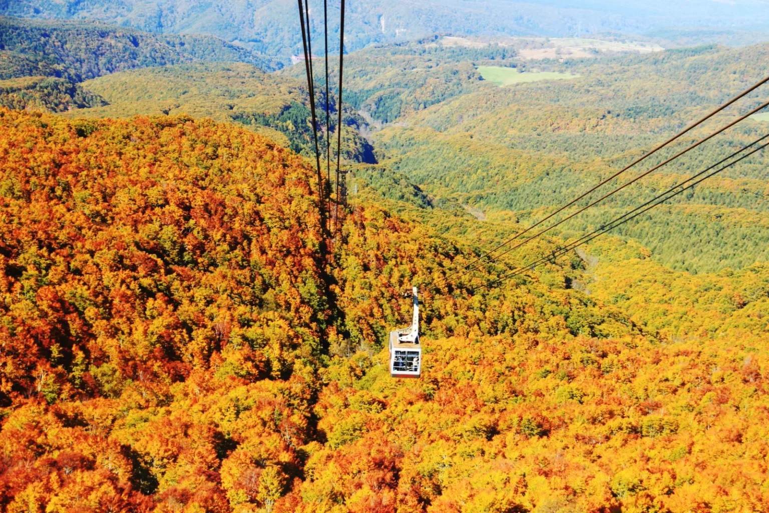 A Hakkoda Ropeway cabin on its cables above mountainsides covered in orange and yellow autumn trees, with forested ridges in the distance