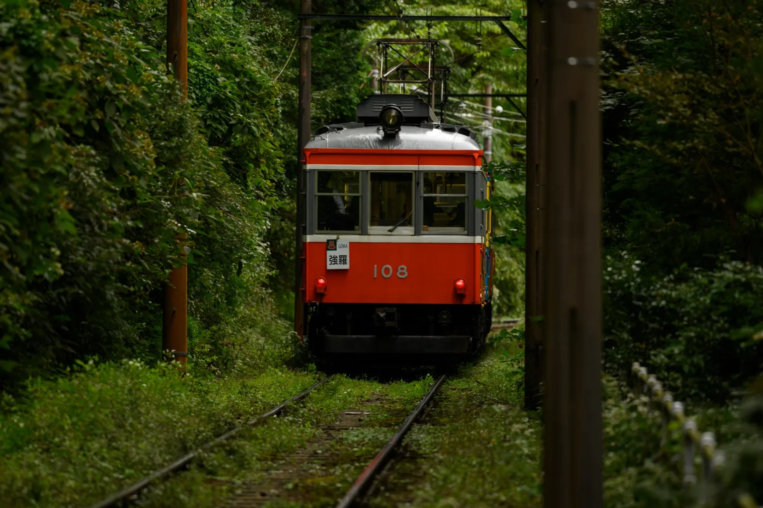 An older red Hakone Tozan Railway car on a forest track near Miyanoshita, signed for Gora