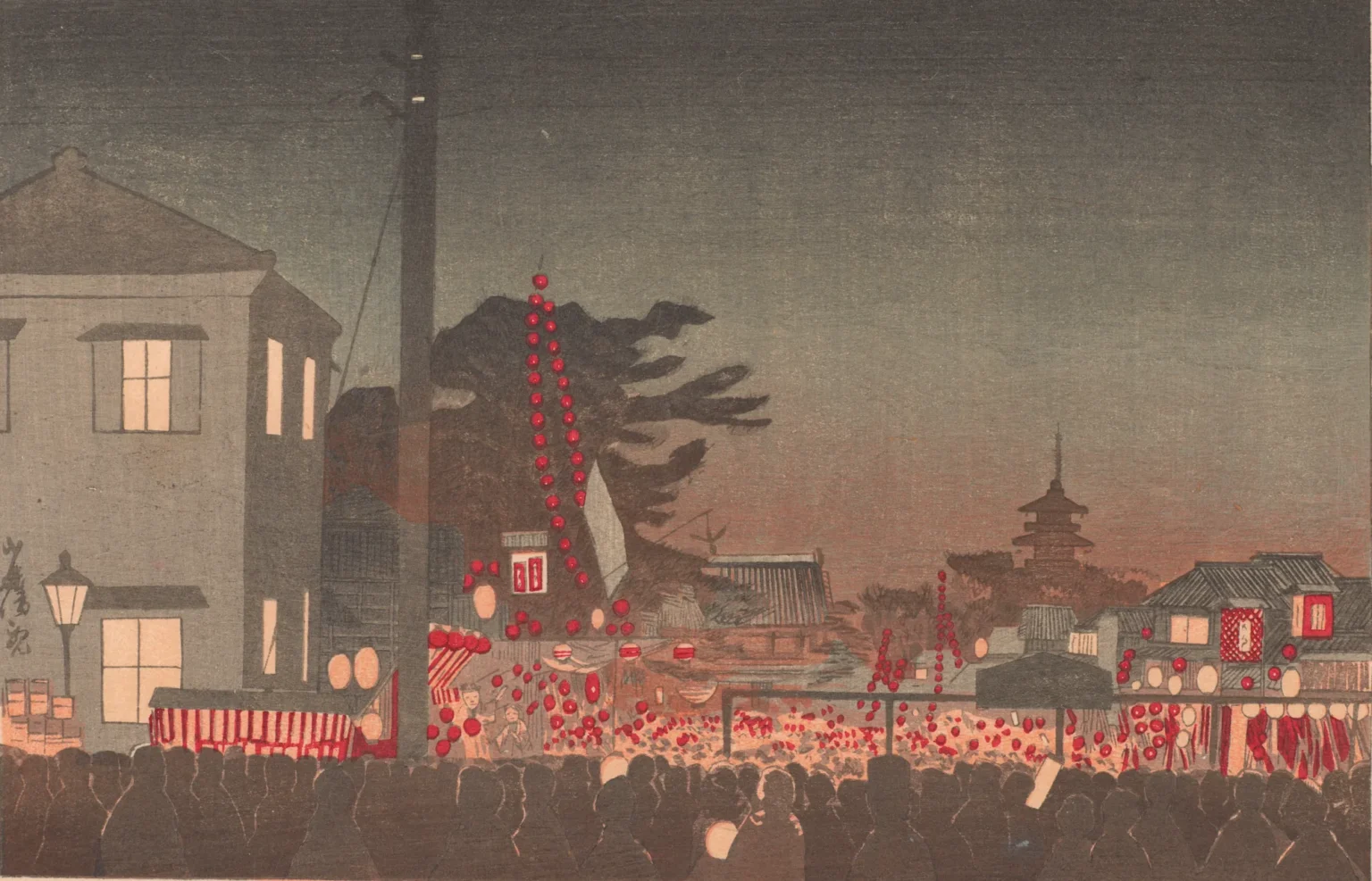 Kobayashi Kiyochika’s 1881 woodblock print of the year-end market at Sensoji in Tokyo, with crowds in silhouette, red lanterns and the five-storey pagoda at dusk