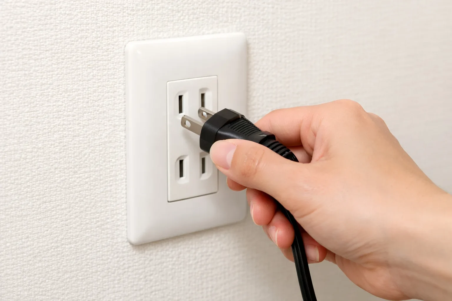 A hand pushing a black plug with two flat pins into the upper of two sockets on a white wall outlet