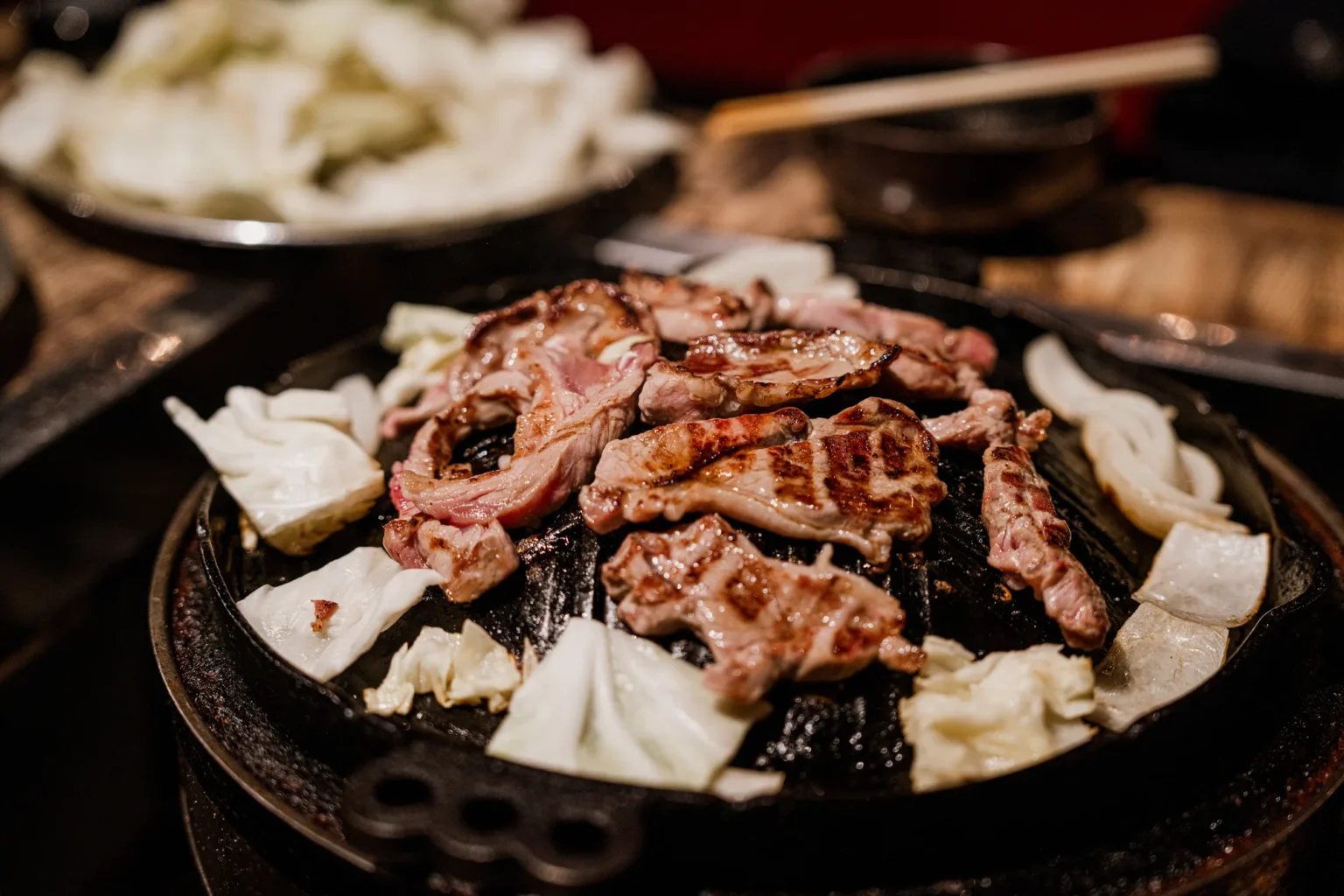 Jingisukan, lamb and vegetables grilled on a domed iron plate
