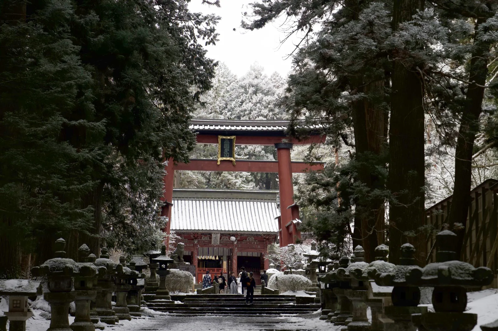 The red great torii of Kitaguchi Hongu Fuji Sengen Shrine with a framed plaque on its crossbeam, the snow-roofed Zuishinmon gate behind it at the top of a flight of steps, and rows of snow-capped stone lanterns and tall cedars on both sides of the approach, at 8:14 a.m. on 9 March 2025