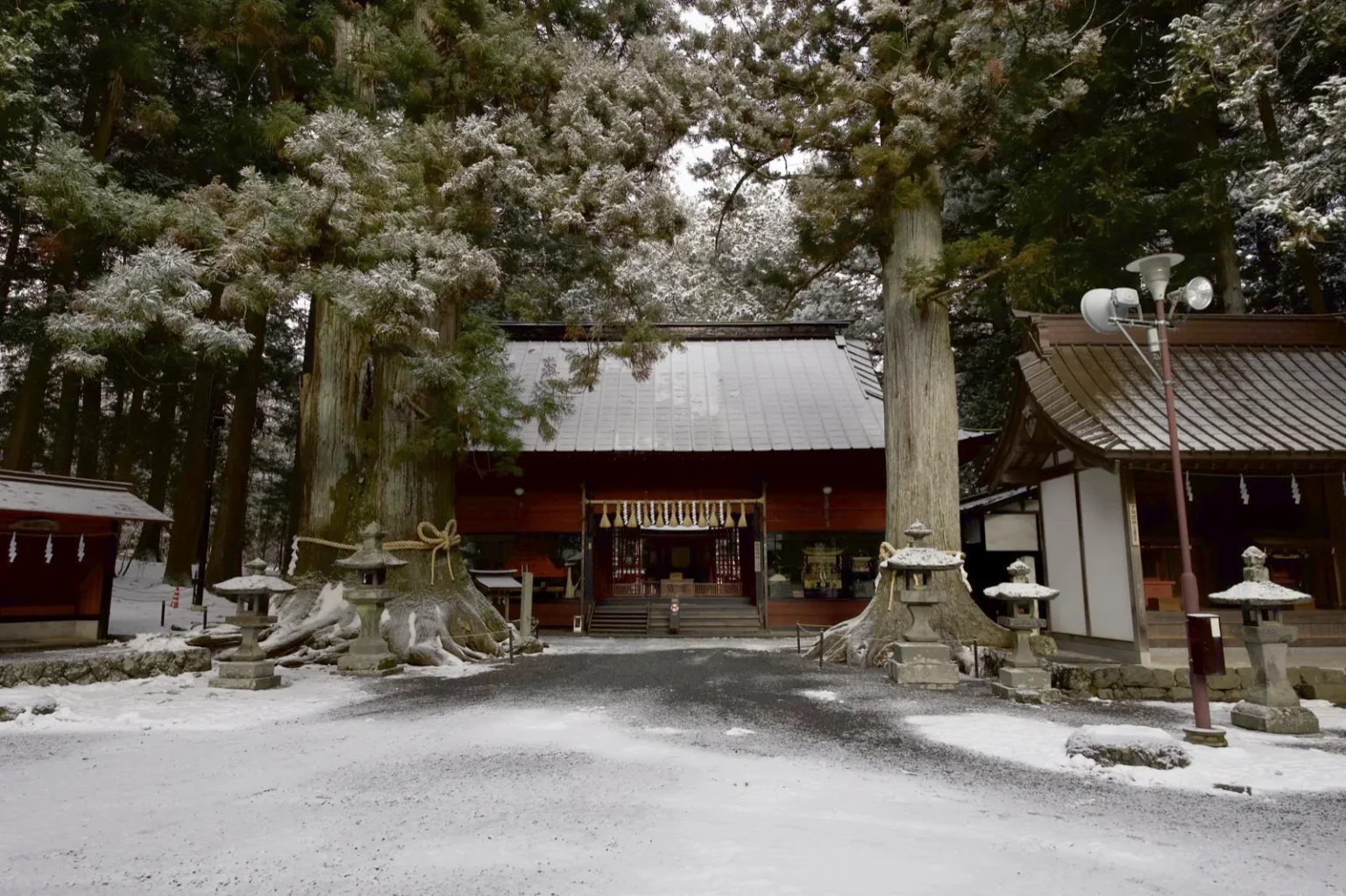 The red worship hall of Suwa Shrine within the grounds of Kitaguchi Hongu Fuji Sengen Shrine, a plain building with a grey metal roof flanked by two huge cedar trunks tied with thick straw ropes, stone lanterns in front and snow on the ground, at 8:08 a.m. on 9 March 2025