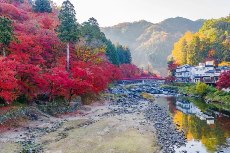 Red and orange maples covering the left bank of a shallow, stony river, with a red-railed bridge crossing it in the middle distance, white buildings and yellow trees on the right bank reflected in the water, and misty forested hills behind