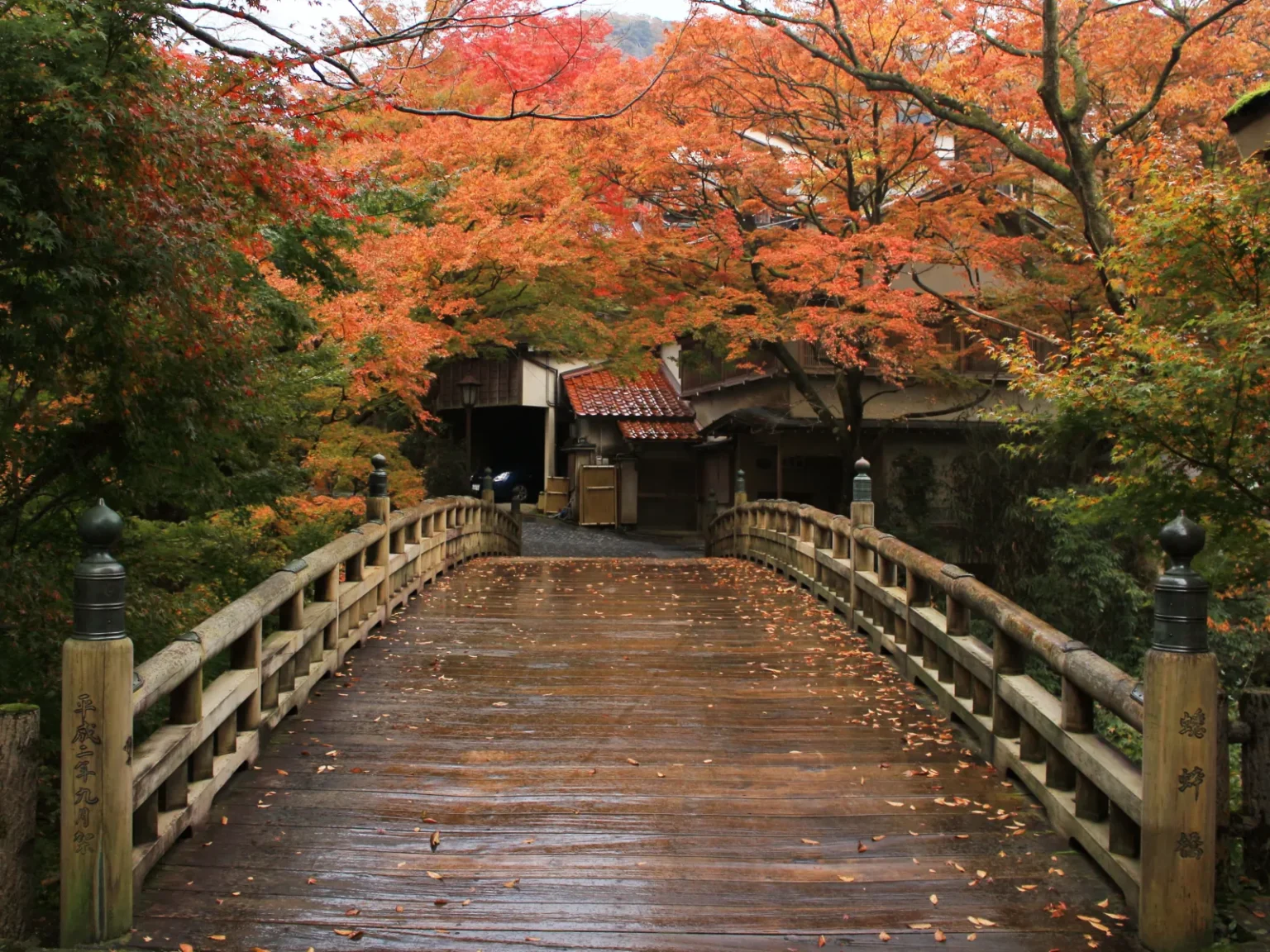 A wooden footbridge wet with rain and scattered leaves, under orange maples, leading to old buildings