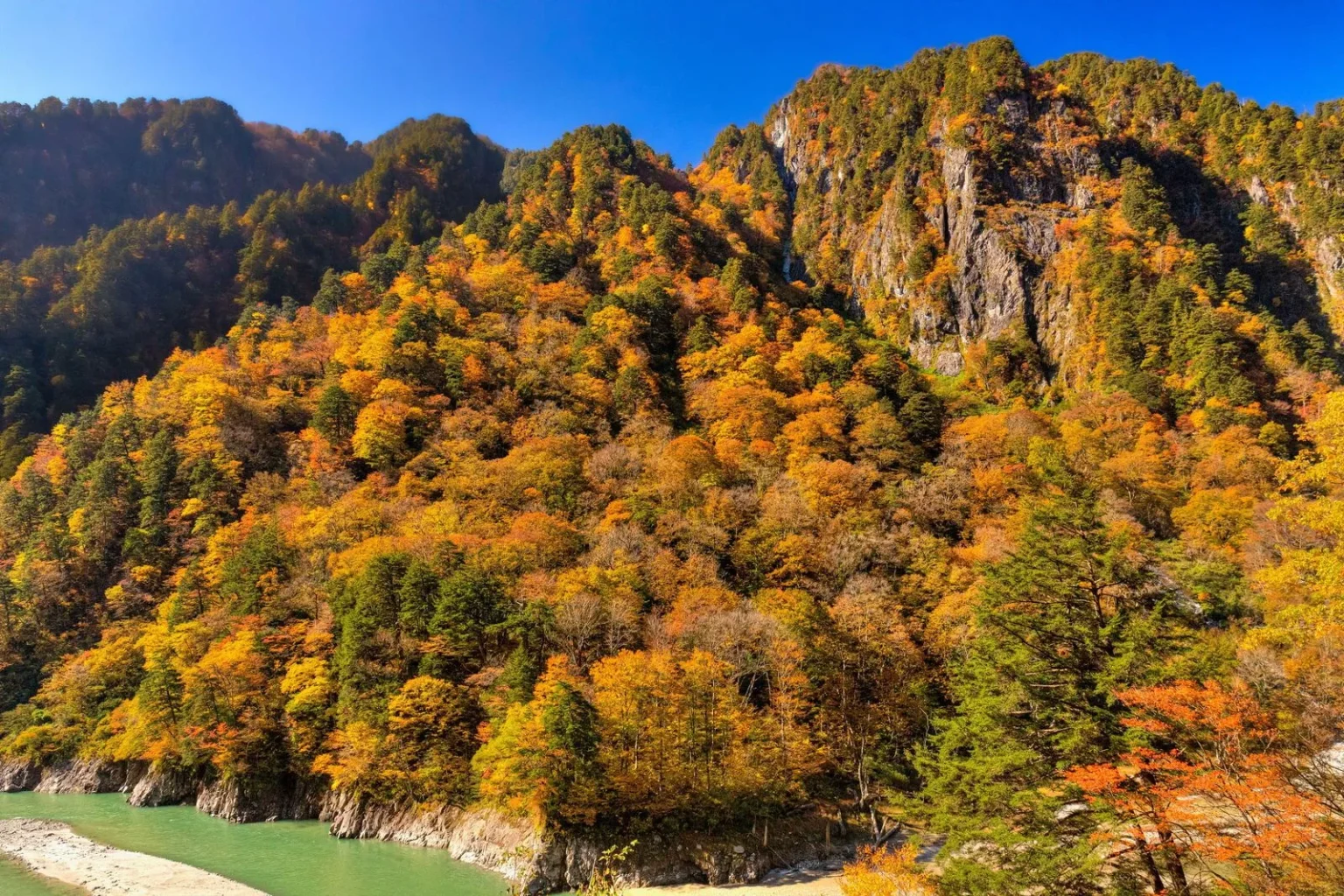 Steep slopes covered in orange, yellow and green trees rising above an emerald-green river, with a grey rock face near the top, under a clear blue sky
