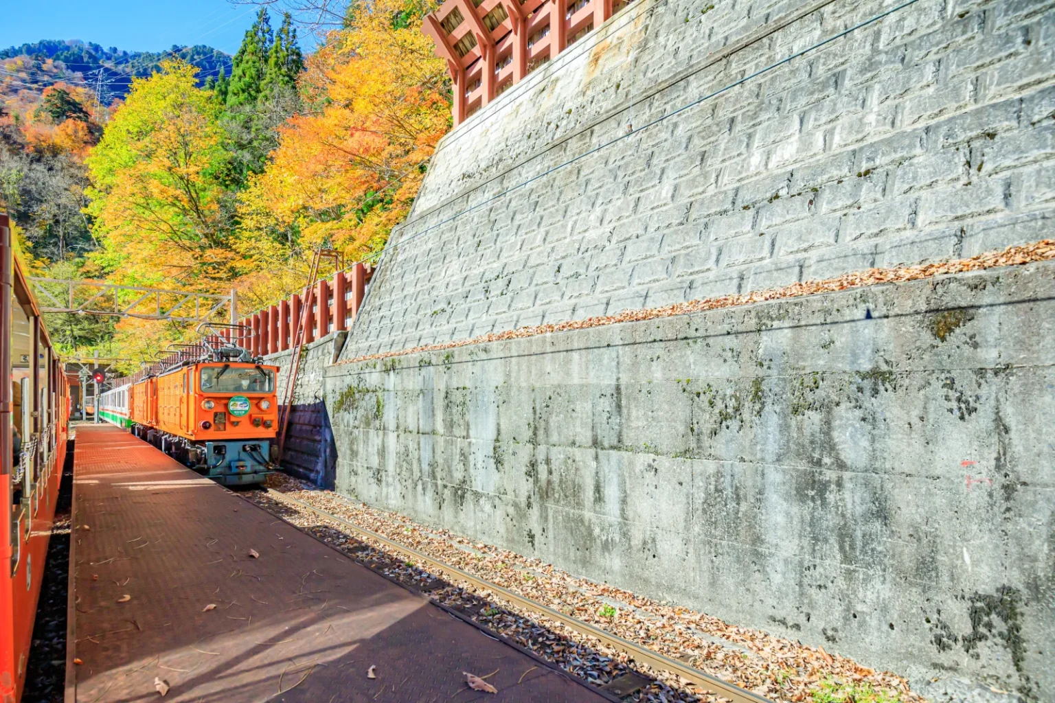 An orange electric locomotive pulling cars along a narrow platform beside a tall stone retaining wall, with yellow and orange trees above