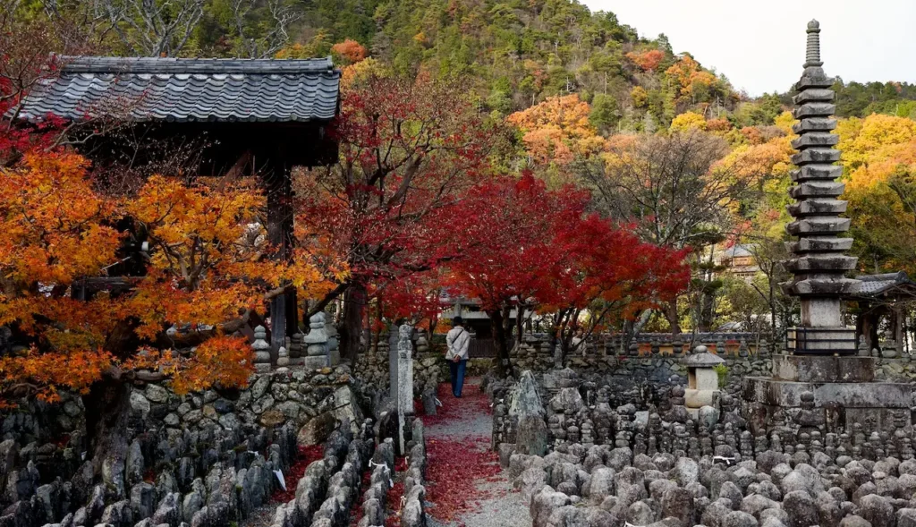 Rows of small weathered stone figures fill a temple yard, divided by a path strewn with red leaves where one visitor walks; a tiled roof and orange maples stand at left, a tall many-tiered stone pagoda at right, and a hillside of orange and yellow trees behind.