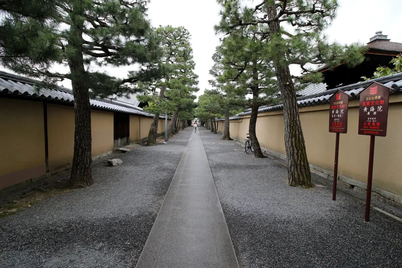 A long, straight stone path between low earthen walls with tiled tops inside the Daitokuji precinct, gravel on both sides, tall pines leaning over the path, and red-painted signboards on posts at the right.