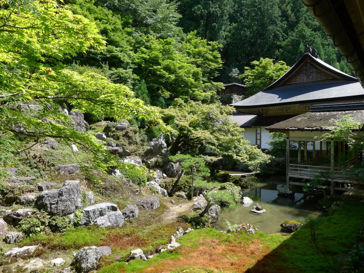 A temple garden in summer seen from a veranda: a slope of moss and grey rocks running down to a small pond, maples in fresh green leaf, and a hall with a dark tiled roof and an open veranda at the right, backed by forested hillside.