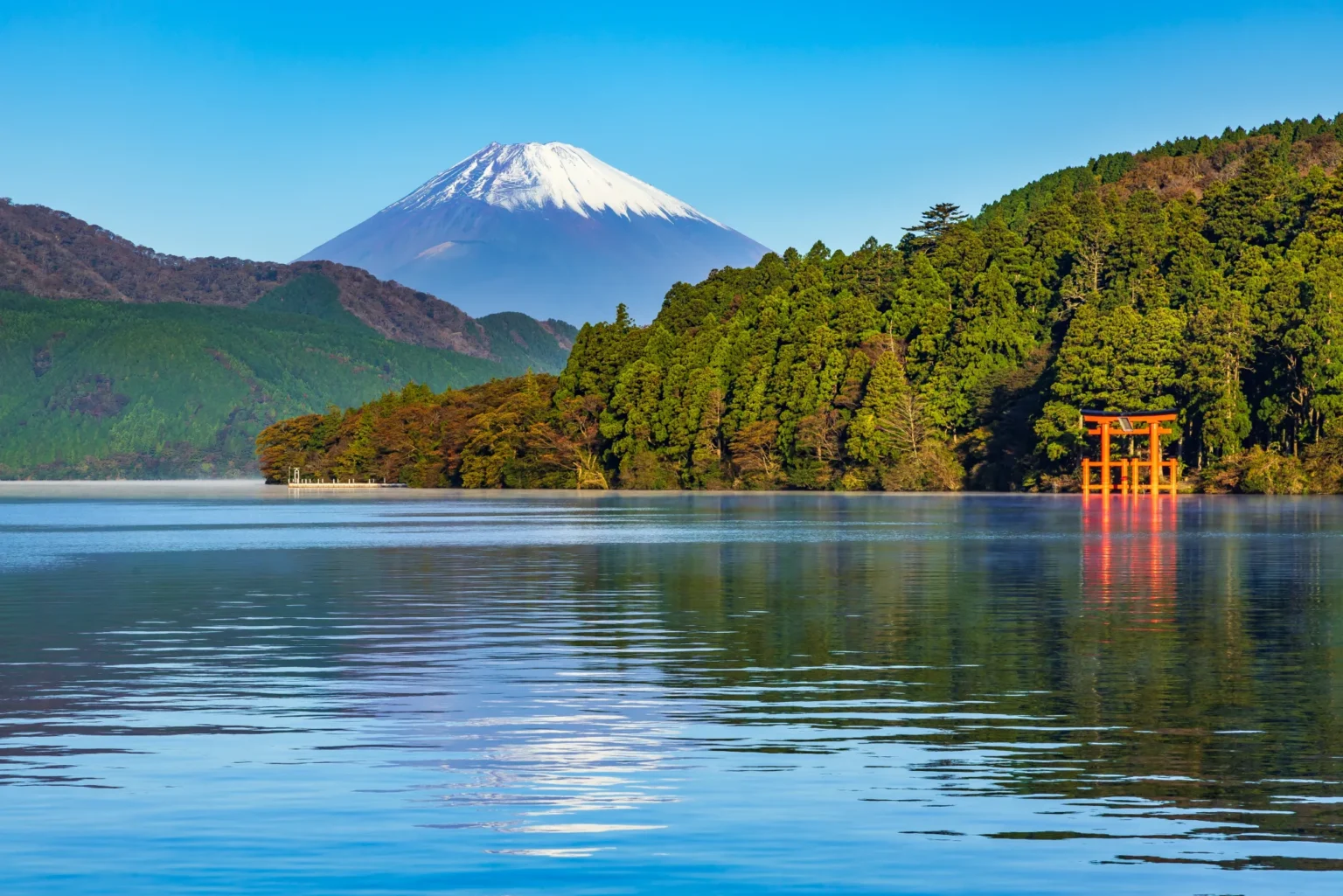 Mount Fuji above Lake Ashi with the red torii of Hakone Shrine in autumn