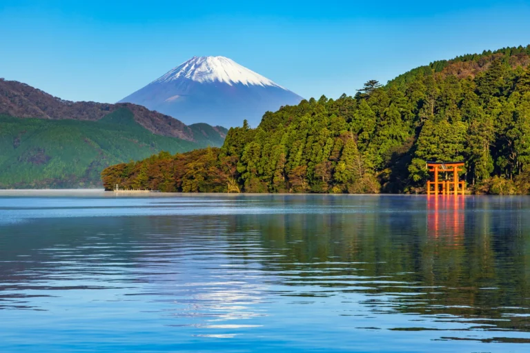 Mount Fuji above Lake Ashi with the red torii of Hakone Shrine in autumn