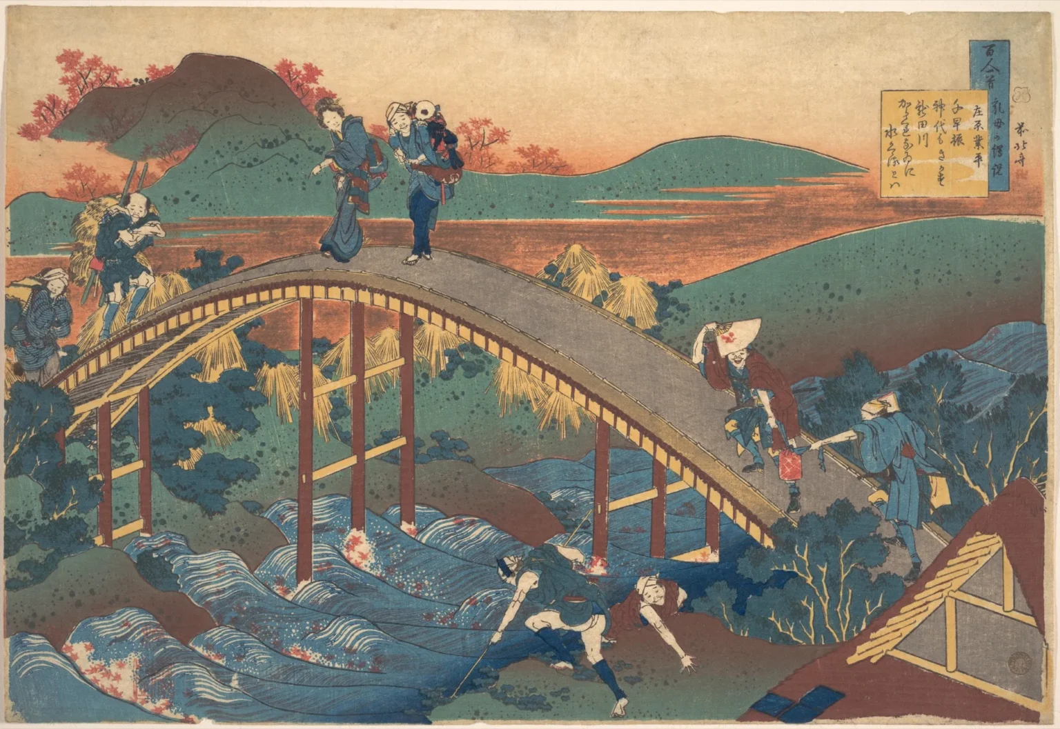 Woodblock print: travellers cross a steep arched wooden bridge over a churning blue river flecked with red maple leaves, two men on the bank below lean down towards the water, and red-leaved trees and green hills stand behind under an orange sky.