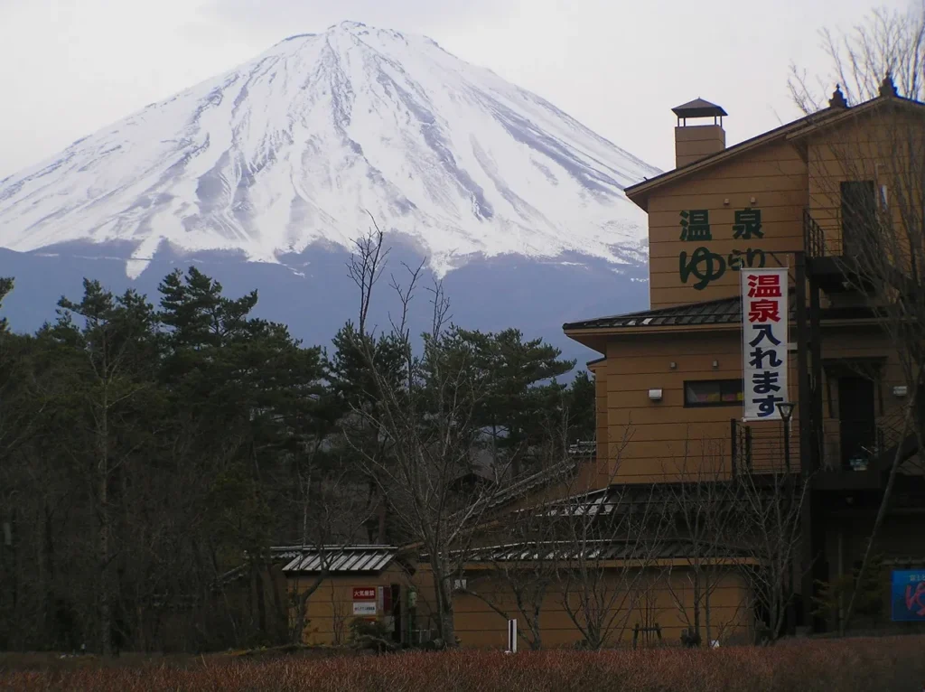 Yurari’s wooden building with snow-covered Mt Fuji behind it.