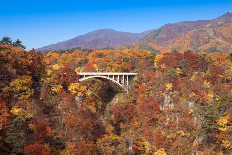 Naruko Gorge in autumn: slopes of red, orange and yellow trees around the white arch of Ofukazawa Bridge, with mountains under a blue sky behind