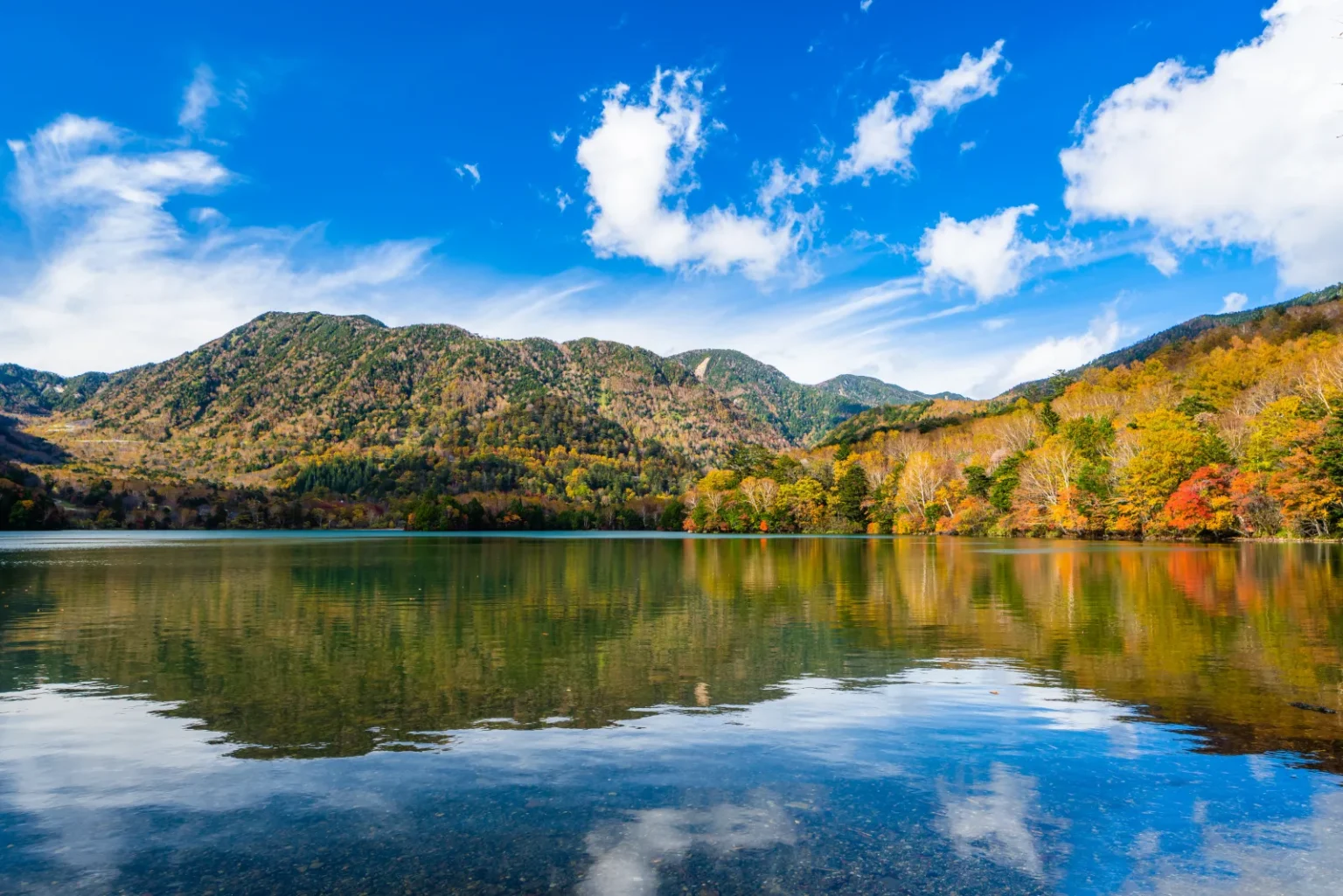 Lake Yunoko in autumn, calm water reflecting a green and yellow mountainside under a blue sky