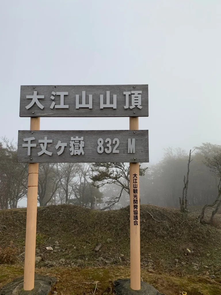 A wooden summit sign on two posts reading 大江山山頂 (Oeyama summit) and 千丈ヶ嶽 832 M (Senjogatake), put up by the Oeyama tourism development council, on a grassy mound with misty trees behind