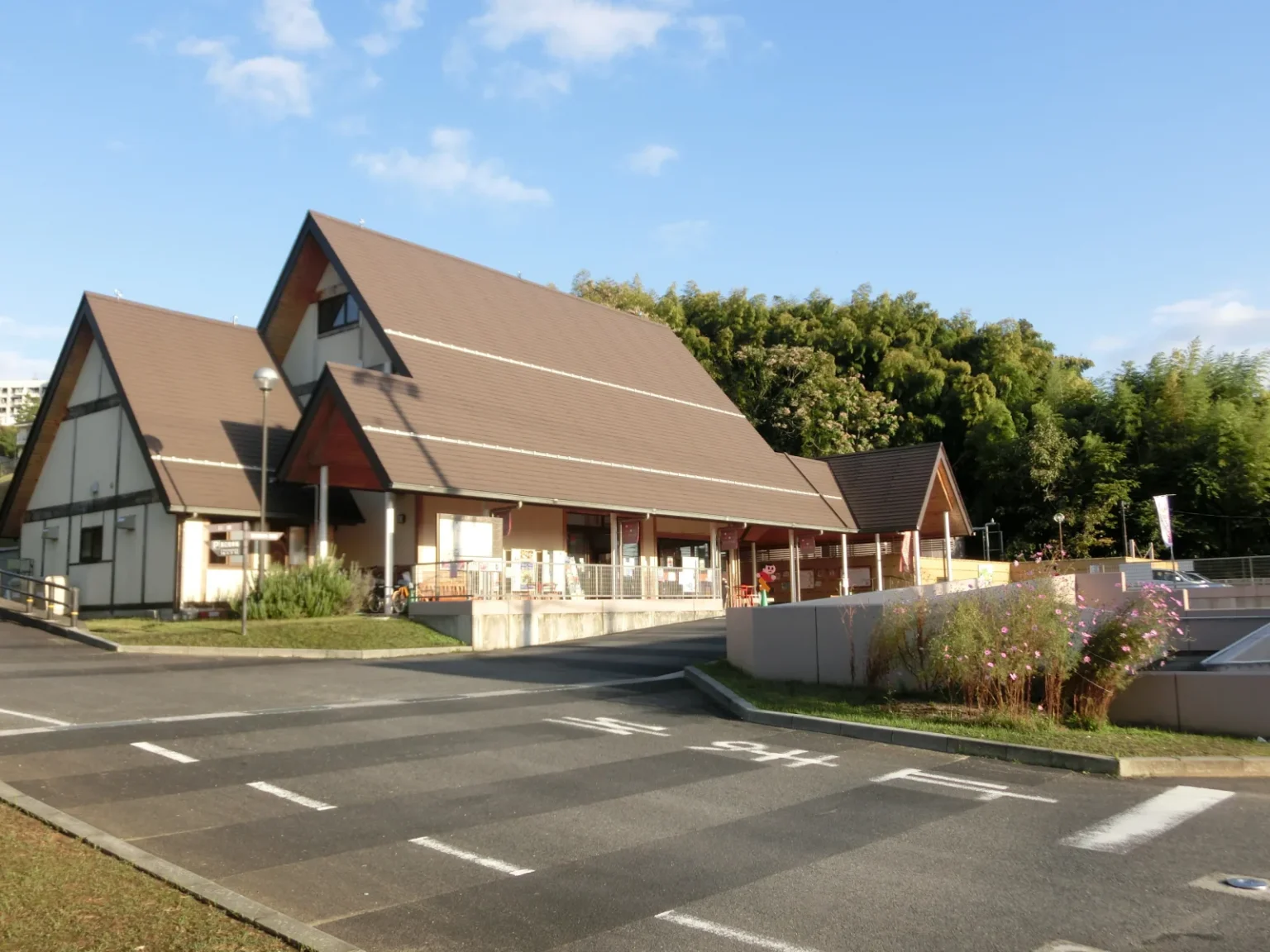 The steep-roofed buildings of Ogoto Onsen Tourism Park beside a car park, with bamboo and trees behind under a blue sky