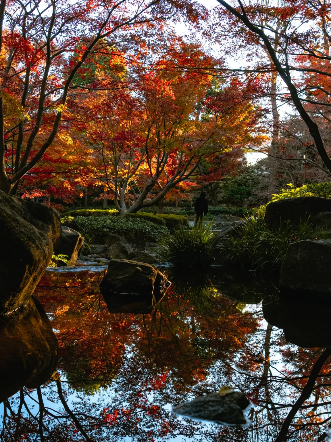 Large rocks in still water with red, orange and yellow maples above and mirrored on the surface