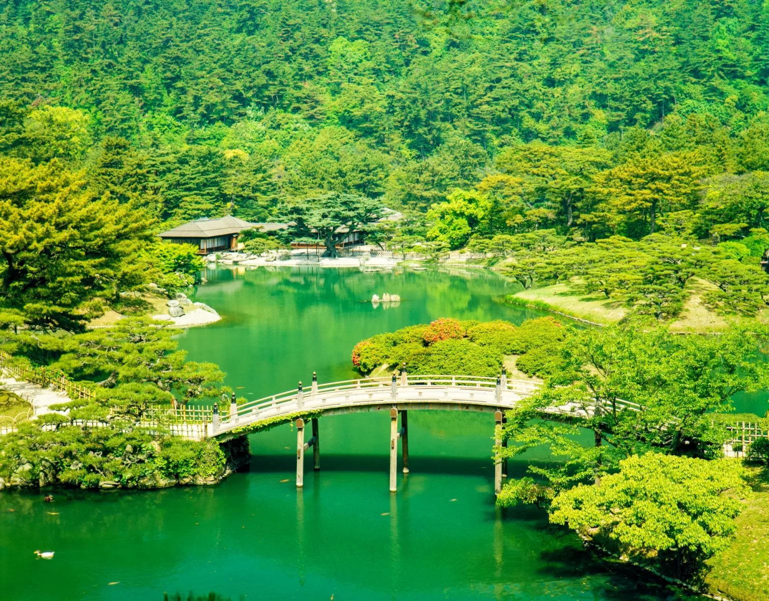 The arched Engetsu Bridge over the green South Pond of Ritsurin Garden