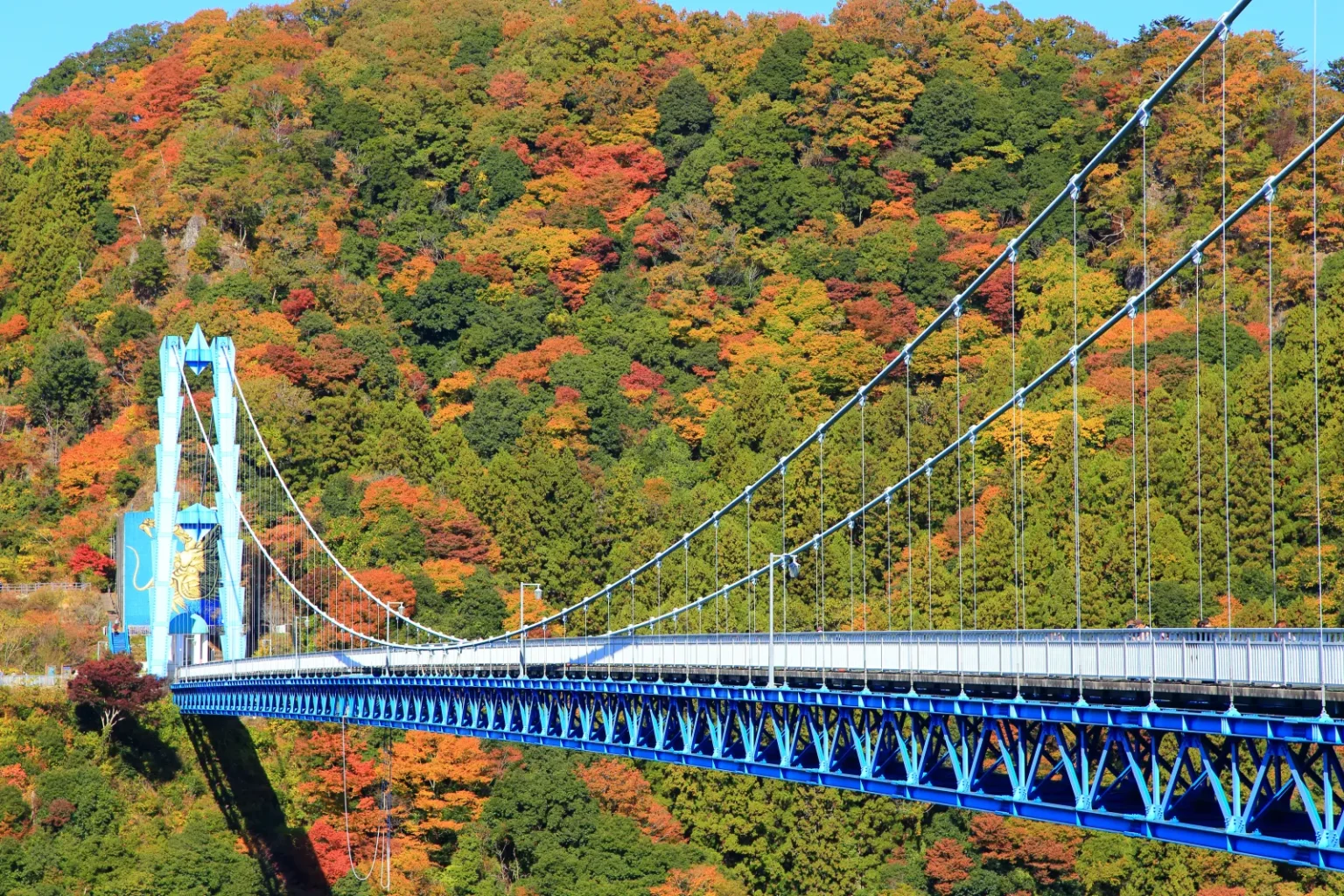 A long blue suspension bridge with a tall tower crossing a valley of red, orange and green autumn trees under a blue sky
