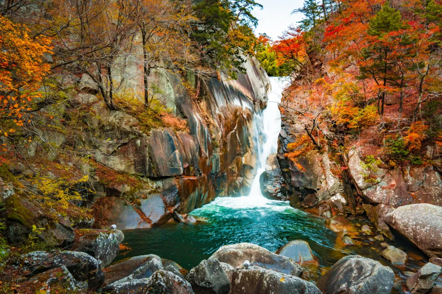 A waterfall dropping through a gap between rock walls into a green pool, with red and orange trees on both sides