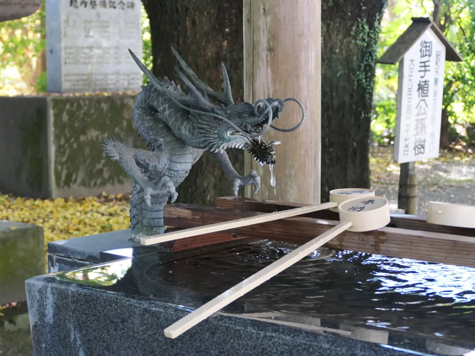 A bronze dragon spout pouring a thin stream of water into a dark granite basin, with two wooden ladles laid across a wooden rail over the water, at a shrine purification fountain with yellow ginkgo leaves on the ground behind